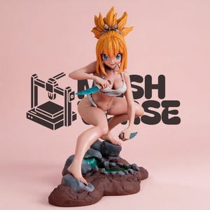 May include: A detailed anime-style figurine of a character with spiky orange hair, wearing a white top and loincloth, crouching on a rocky base with a small pool of water. The character holds two small teal knives. The text MASH COURSE is visible.
