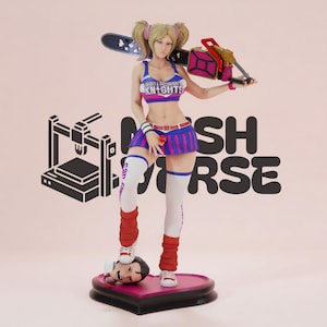 May include: A collectible figurine of a blonde character in a cheerleader outfit with a blue and white top reading San Romero Knights, a blue pleated skirt, white thigh-high socks, and red leg warmers, holding a large chainsaw and standing on a head.