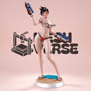 May include: A standing female character figurine with short dark hair, wearing a red bikini bottom and holding two blue and orange toy pistols. The figure stands on a sandy base with blue water accents, featuring censored chest areas.
