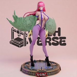 May include: A Harpie Lady figurine with long pink hair, green wings, and a purple bodysuit. The character wears black high-heeled boots and stands on a circular base featuring the Yu-Gi-Oh! logo and a grid pattern. The background displays the text MESH VERSE.