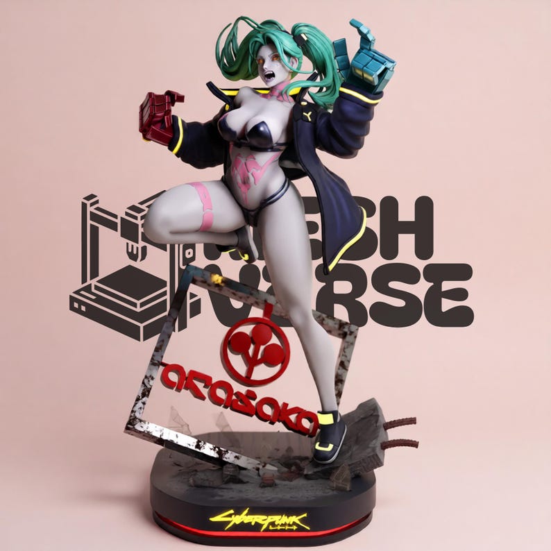 May include: A collectible figure of a character with teal hair, wearing a black bikini and a dark jacket, posed dynamically. The figure stands on a base featuring a square frame with the red Arasaka logo and text, plus a Cyberpunk logo at the bottom.