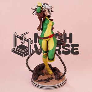Op de afbeelding: Een verzamelfiguur met donker haar met witte strepen, gekleed in een groen en geel pak, een bruin jasje en gele handschoenen. Het figuur staat op een ronde voet met mechanische tentakels en de tekst Xavier's School op de basis.