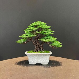 Wire Bonsai Tree, Handknit Sculpture, Bookcase Decor - Enameled Pot, Pebble | Colored Aluminum, Copper | 5.8in