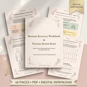 Puede incluir: Un documento PDF de 16 páginas para descarga digital titulado Burnout Recovery Workbook & Nervous System Reset. Las páginas tienen fondos beige con arte lineal botánico, incluyendo secciones sobre modo de supervivencia y seguimiento del sistema nervioso.