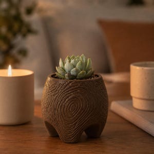 May include: A small, light green succulent plant potted in a brown, rounded planter with a textured, wood-grain pattern. The planter features three short, integrated feet at the base, providing a stable foundation for the plant display.