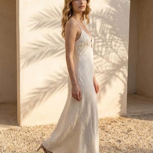 Ivory Linen Slip Dress, Deep V Keyhole Spaghetti Strap, Open Back Bias Maxi Sundress