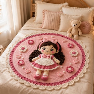 May include: A circular crochet rug in shades of pink and white featuring a central doll with dark brown hair, a pink bow, and a white apron dress. The rug is decorated with three-dimensional crocheted flowers, hearts, and small white beads.