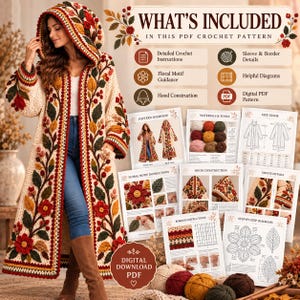 Può includere: Un modello di uncinetto in PDF digitale per un lungo cardigan con cappuccio color crema, caratterizzato da intricati motivi floreali e di foglie in rosso, arancione e verde scuro. L'immagine mostra il capo finito e varie pagine di istruzioni.
