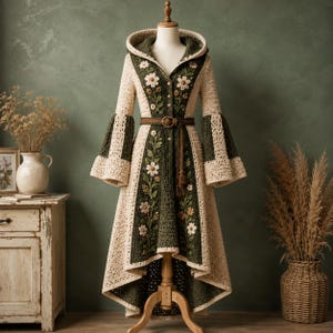 May include: A long-sleeved crochet coat featuring a hood, bell sleeves, and a high-low hemline. The garment is crafted in cream and dark green yarn, accented with embroidered floral patterns along the front panels and a brown waist belt.