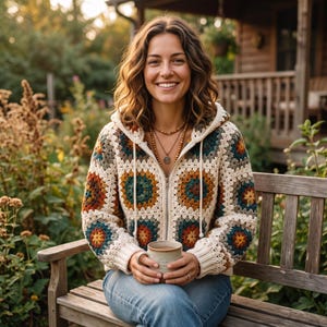 May include: A zip-up hoodie featuring a multi-colored granny square crochet pattern in shades of cream, rust orange, teal, and dark brown. The garment includes a hood with cream-colored drawstrings, long sleeves with ribbed cuffs, and a front zipper.