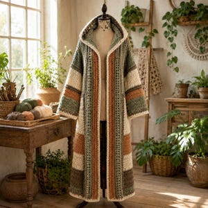 May include: A long, hooded crochet cardigan featuring vertical stripes in shades of sage green, cream, rust orange, and dark brown. The garment has long sleeves, an open front, and a textured stitch pattern throughout, displayed on a mannequin.