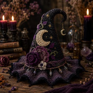 May include: A dark charcoal crochet witch hat featuring a large beige crescent moon, deep purple and lavender crocheted flowers, and green vine embroidery. The hat is adorned with gold star stitching, a dangling gold moon charm, and crystal beads.