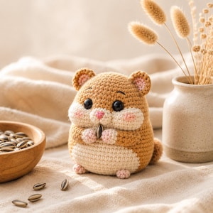 May include: A small, round, crocheted hamster toy in shades of tan and cream. The hamster has black plastic eyes, a pink stitched nose, and pink blush on its cheeks. It is holding a single sunflower seed between its small, crocheted paws.