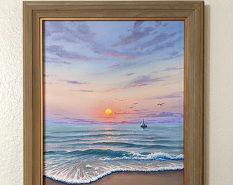 Original 11x14 Ocean Seascape, Sailboat, Beach Painting on Canvas by J. Mandrick - FRAMED