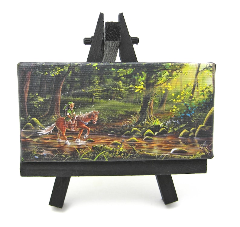 2x4 Legend of Zelda, Fan Art, Link and Epona, Mini Fridge or Easel Painting by J. Mandrick Black Easel