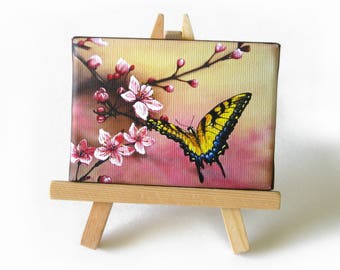 2.5x3.5 Cherry Blossom, Tiger Swallowtail Butterfly Desktop Mini Painting by J. Mandrick