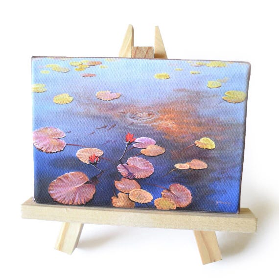 Waterlily Pond Mini Painting on Canvas with Display Easel, Red Lotus, Koi Pond Art