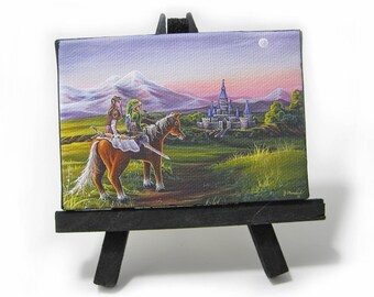 2.5x3.5 Legend of Zelda, Fan Art, Link, Zelda, Epona, Mini Magnet or Easel Painting by J. Mandrick