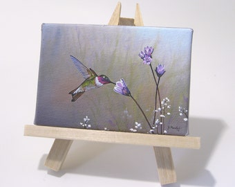 2.5x3.5 Hummingbird, Garden Flowers, Wild Flower Mini Painting by J. Mandrick