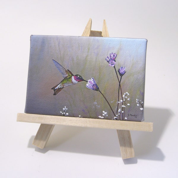2.5x3.5 Hummingbird, Garden Flowers, Wild Flower Mini Painting by J. Mandrick