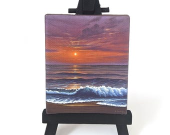 Mini cuadro de atardecer en el océano con caballete de exhibición, atardecer en la playa de Florida
