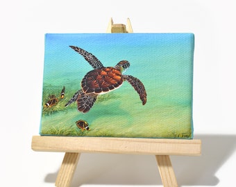 2.5x3.5 Ocean Sea Turtle Seascape Painting on Canvas by J. Mandrick