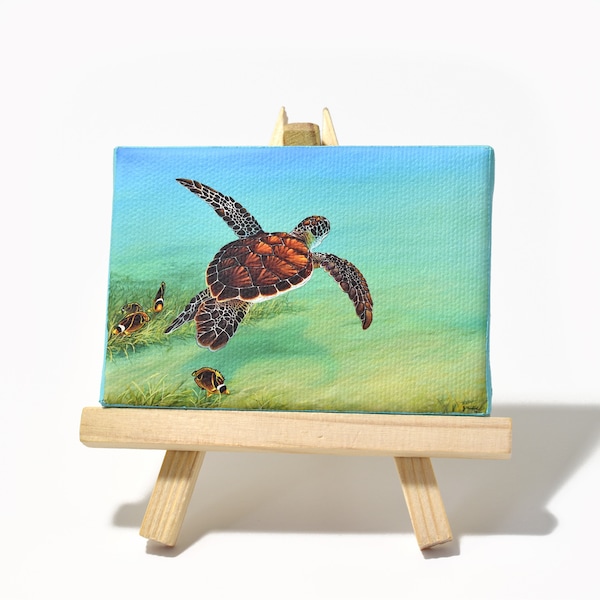 2.5x3.5 Ocean Sea Turtle Seascape Painting on Canvas by J. Mandrick