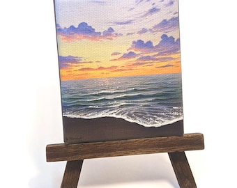 Mini pintura de paisaje marino de 3x2,5 con caballete de exhibición, Atardecer en la playa