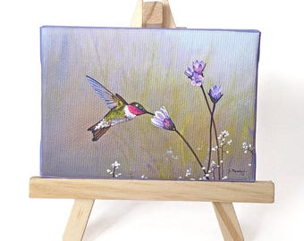 Mini Hummingbird Painting with Display Easel, Wildflower Artwork, Garden Meadow