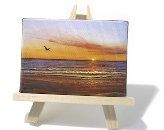 Mini cuadro con caballete del atardecer en el Golfo de Nápoles, Florida, con decoración de playa oceánica