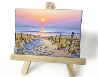 Beach Sunrise Mini Canvas Painting with Easel: Beach Art