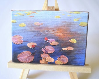 2.5x3.5 Mini Waterlily Painting on Canvas by J. Mandrick