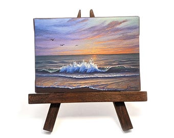 Mini cuadro con caballete, atardecer en la playa, decoración de playa