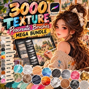 May include: A digital art bundle featuring 3000 texture Procreate brushes with a tablet displaying a landscape painting. The graphic includes text reading 3000 TEXTURE Procreate Brushes MEGA BUNDLE and various texture swatches like paper, canvas, and wood.