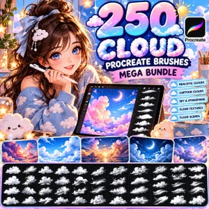 May include: A digital art bundle featuring 250 cloud Procreate brushes, displayed with an illustration of a character using a tablet. The image includes text labels for realistic clouds, cartoon clouds, sky, atmosphere, textures, and scenes.