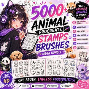 May include: A digital art bundle featuring 5000+ animal Procreate stamps and brushes. The graphic displays an anime-style character using a tablet, surrounded by various cute animal illustrations, including a panda, puppy, fox, and dragon.