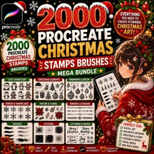 May include: A digital product advertisement for a 2000 Procreate Christmas stamps and brushes mega bundle. The graphic features text, a character in a red outfit using a tablet, and categorized previews of holiday-themed digital art assets.