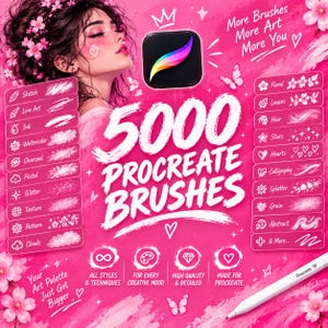 Może przedstawiać: Cyfrowa reklama graficzna 5000 pędzli Procreate na jaskraworóżowym tle. Zawiera ilustrację osoby z kwiatami wiśni we włosach, ikonę aplikacji Procreate, biały rysik oraz listy kategorii pędzli z opisami ich zastosowań i stylów.