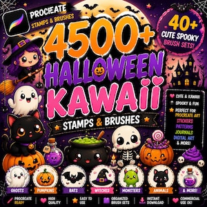 May include: A digital collection of 4500+ Halloween Kawaii stamps and brushes for Procreate. The graphic features illustrations of a witch, ghost, black cat, skeleton, and pumpkin, with text including 40+ CUTE SPOOKY BRUSH SETS and more.