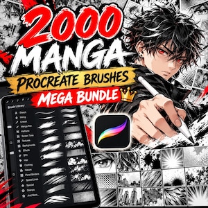 May include: A digital product display featuring 2000 Manga Procreate Brushes Mega Bundle text, an illustration of an anime character holding a stylus, the Procreate app icon, and a tablet screen showing a brush library menu with various stroke samples.