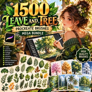 Könnte beinhalten: Ein digitales Kunst-Ressourcenpaket mit dem Titel 1500 LEAVE AND TREE PROCREATE BRUSHES MEGA BUNDLE. Das Bild zeigt eine Sammlung verschiedener Blatt- und Baumillustrationen, ein Procreate-Logo und ein digitales Tablet mit einer Baumzeichnung.