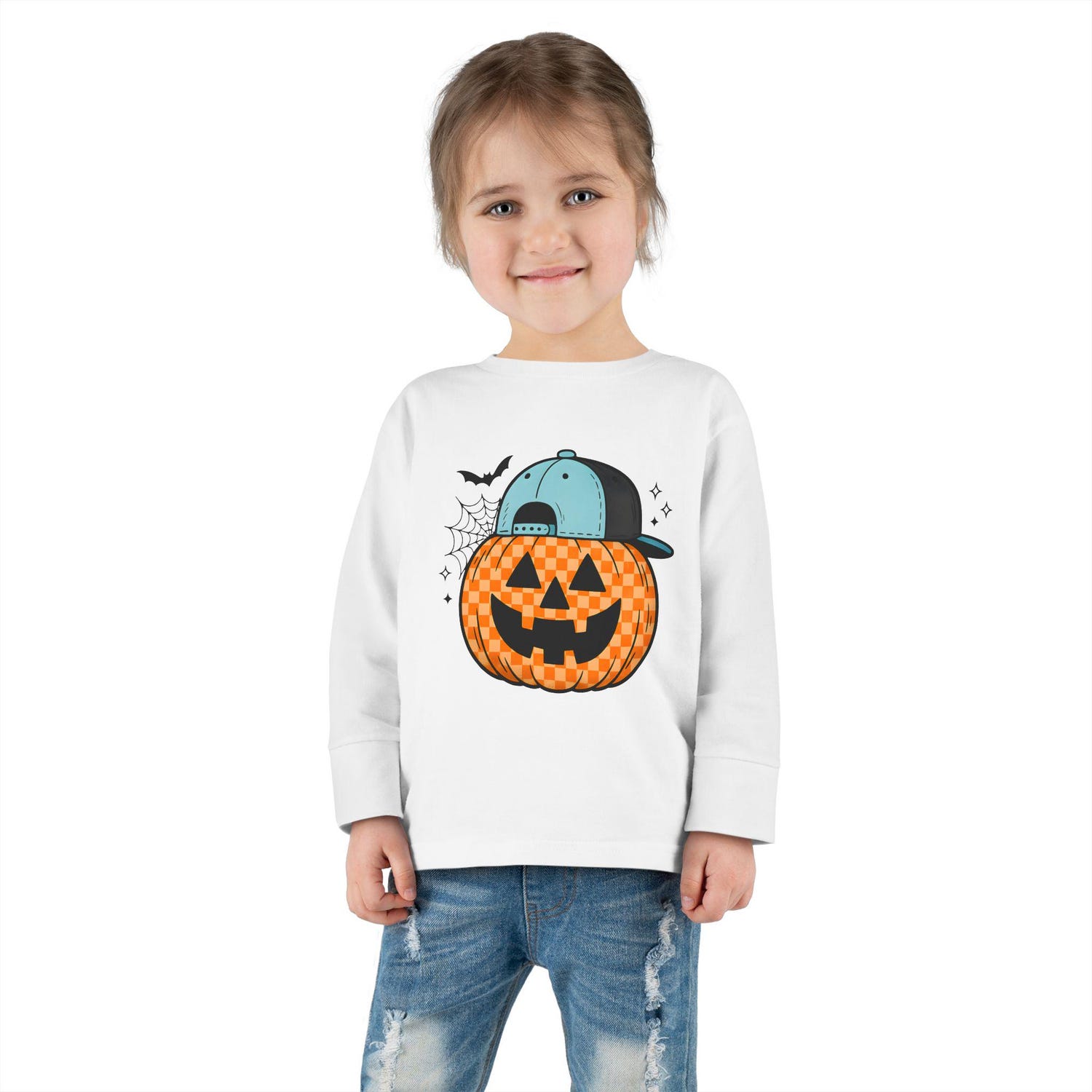 Jack-o'-Lantern with Baseball Cap Toddler Long Sleeve Tee | Halloween Pumpkin