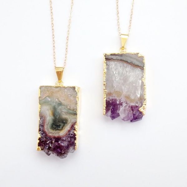 Amethyst Slice Necklace - Geode Druzy Crystal Gemstone - Gold Dipped - Long Layering Necklace - OOAK