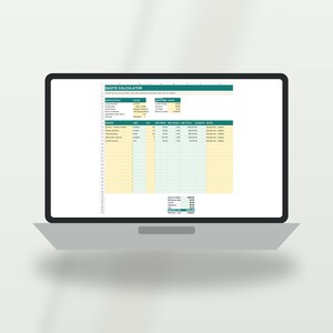 May include: A laptop screen displaying a digital Quote Calculator spreadsheet template. The interface features a teal header, light yellow data entry cells, and columns for service, unit, quantity, unit price, multiplier, line total, and tax.