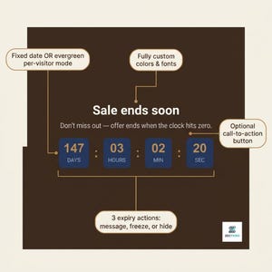 May include: A digital countdown timer graphic on a dark brown background displaying 147 days, 03 hours, 02 minutes, and 20 seconds. Text includes 'Sale ends soon', 'Don't miss out', and labels for customization options and expiry actions.