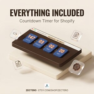 May include: A digital countdown timer interface for Shopify featuring the text EVERYTHING INCLUDED and Countdown Timer for Shopify. The display shows 147 days, 03 hours, 02 minutes, and 20 seconds, with floating icons for code, documents, and a wax seal.