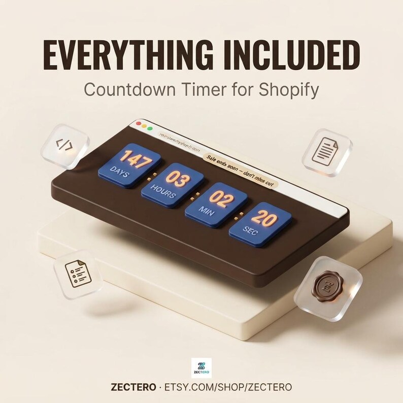 May include: A digital countdown timer interface for Shopify featuring the text EVERYTHING INCLUDED and Countdown Timer for Shopify. The display shows 147 days, 03 hours, 02 minutes, and 20 seconds, with floating icons for code, documents, and a wax seal.