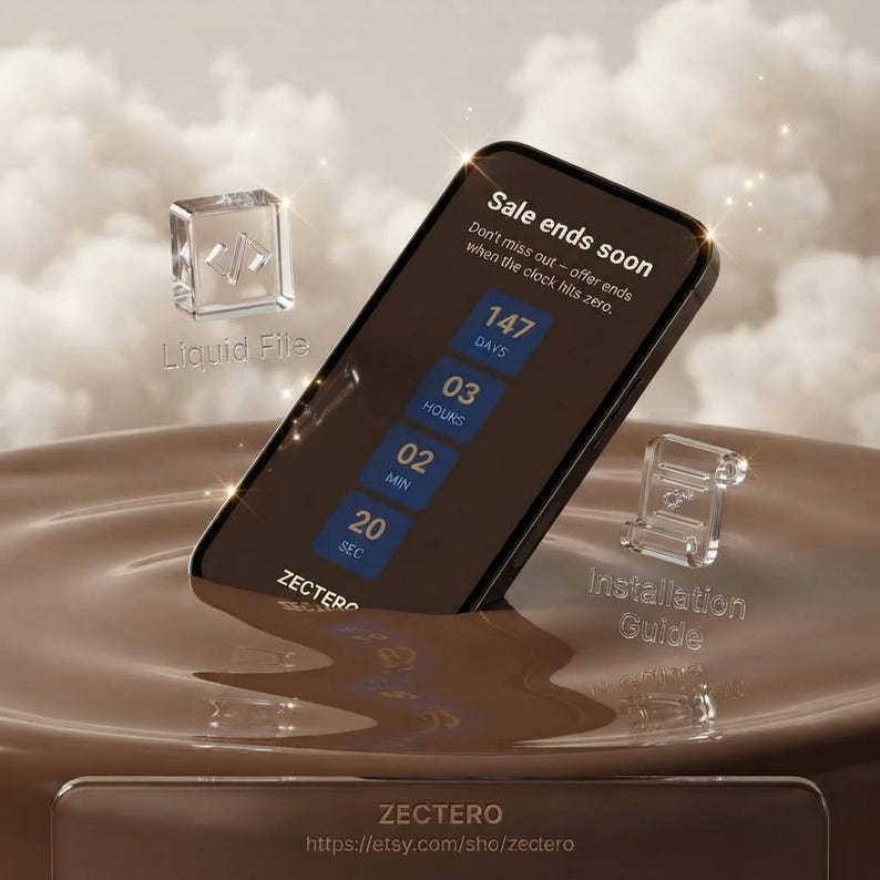 May include: A smartphone displaying a countdown timer with the text Sale ends soon, Don't miss out - offer ends when the clock hits zero, 147 days, 03 hours, 02 min, 20 sec, and ZECTERO. Includes a transparent Liquid File icon and Installation Guide.