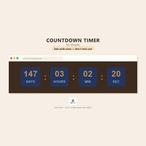 May include: A digital countdown timer interface for Shopify featuring a dark brown rectangular display with four blue boxes showing 147 days, 03 hours, 02 minutes, and 20 seconds. The text reads COUNTDOWN TIMER for Shopify, Sale ends soon &mdash; don't miss out.