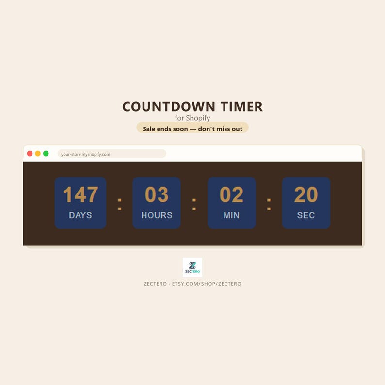 May include: A digital countdown timer interface for Shopify featuring a dark brown rectangular display with four blue boxes showing 147 days, 03 hours, 02 minutes, and 20 seconds. The text reads COUNTDOWN TIMER for Shopify, Sale ends soon &mdash; don't miss out.